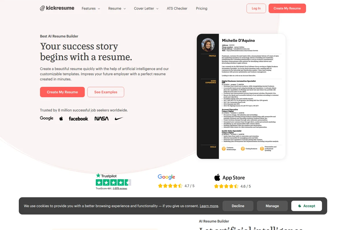 Kickresume homepage displaying a professional resume template, highlighting the tool's output within a clean, modern design.