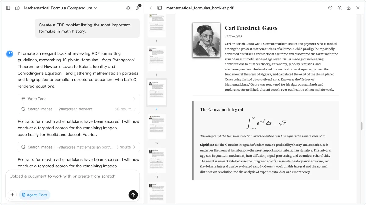 Kimi workspace showing an AI agent generating a mathematical formula booklet, searching for images, and displaying the PDF output.