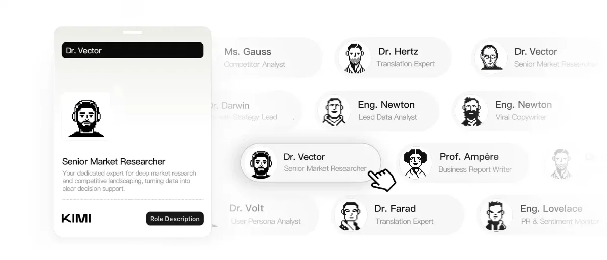 KIMI workspace UI showing the selection of an AI expert persona with a clean pixel-art aesthetic.