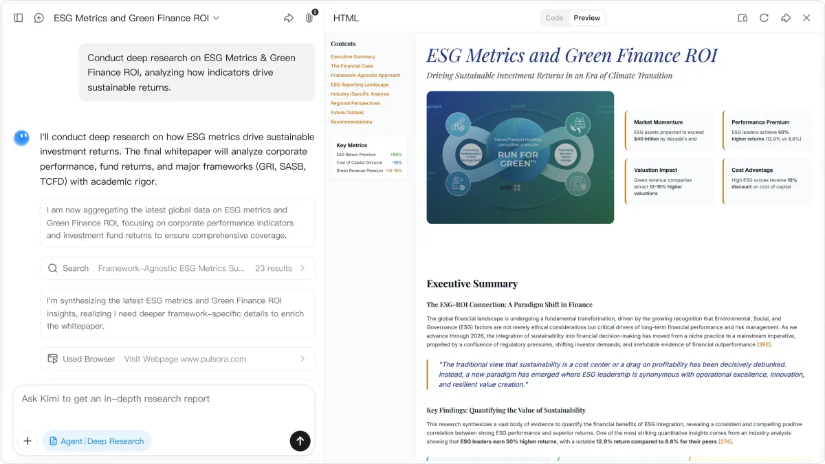 Kimi AI assistant workspace showing deep research and whitepaper generation with a modern split-screen interface.