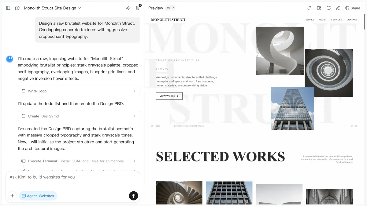 Kimi AI agent workspace showing a user prompt for a brutalist website and a live design preview.