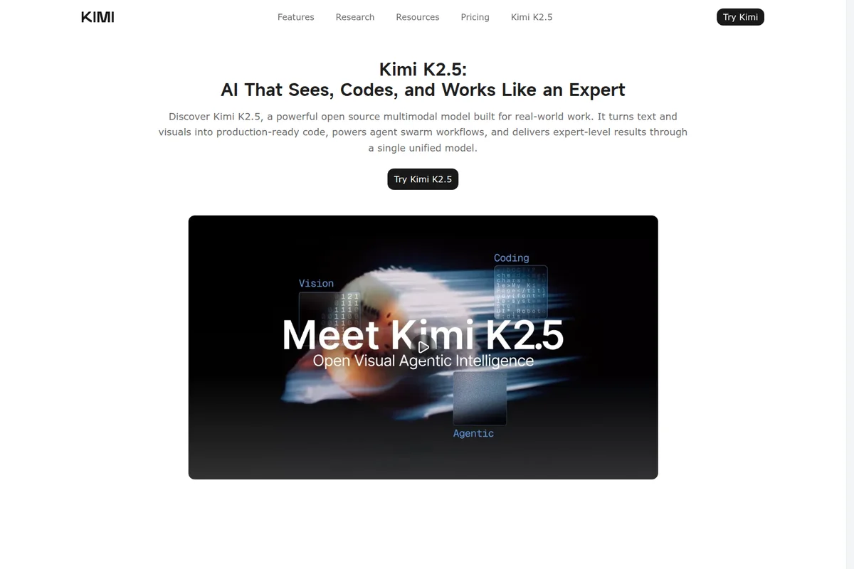 Kimi K2.5 landing page showing an introduction video for its visual, coding, and agentic AI features on a clean light background