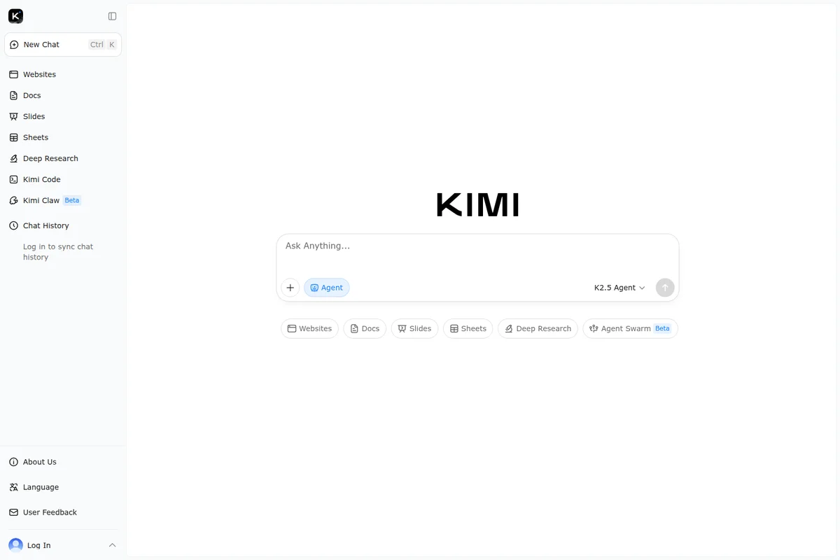 Kimi workspace UI showing the 'Ask Anything' prompt and available AI agent modes with a clean, minimalist light-theme interface.