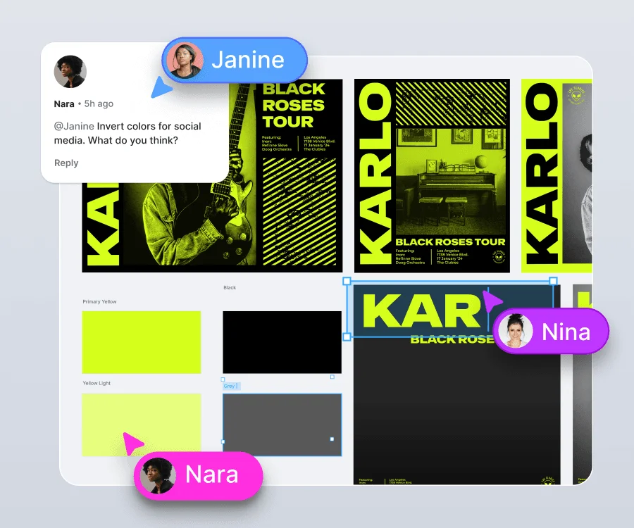 Kittl design workspace UI showing "Black Roses Tour" poster iterations with inverted neon green and black colors, and user comments.