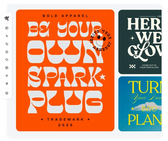 Kittl workspace displaying a gallery of diverse graphic design templates with bold typography and a vibrant orange main design.