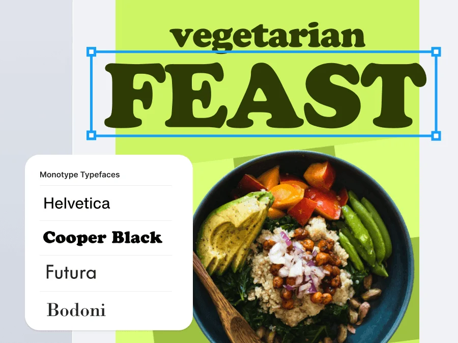 Kittl design workspace showing Cooper Black font selection for 'FEAST' on a vibrant vegetarian poster.