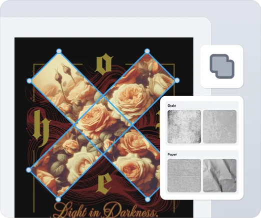 Kittl design editor actively creating a graphic with roses masked in an 'X' shape, showing texture options.