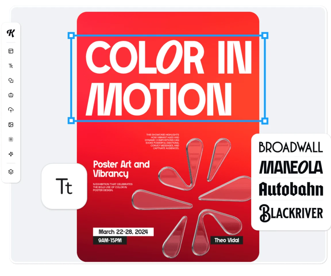 Kittl design workspace showing a poster being edited with 'COLOR IN MOTION' text selected and font options displayed.