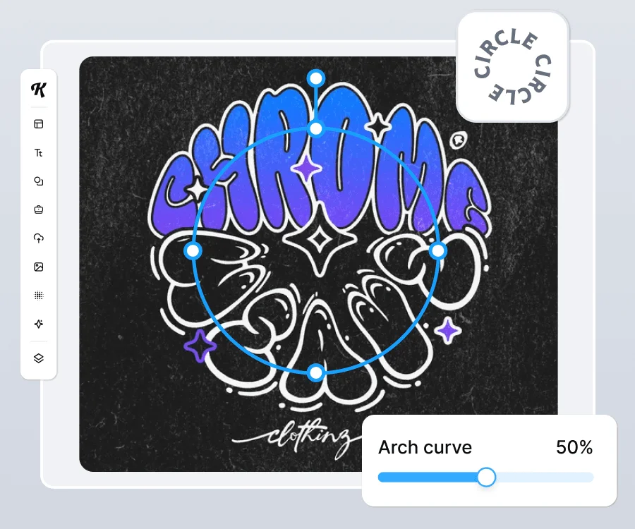 Kittl design workspace showing 'CHROME' text curved along a path with an 'Arch curve' slider and tools panel.
