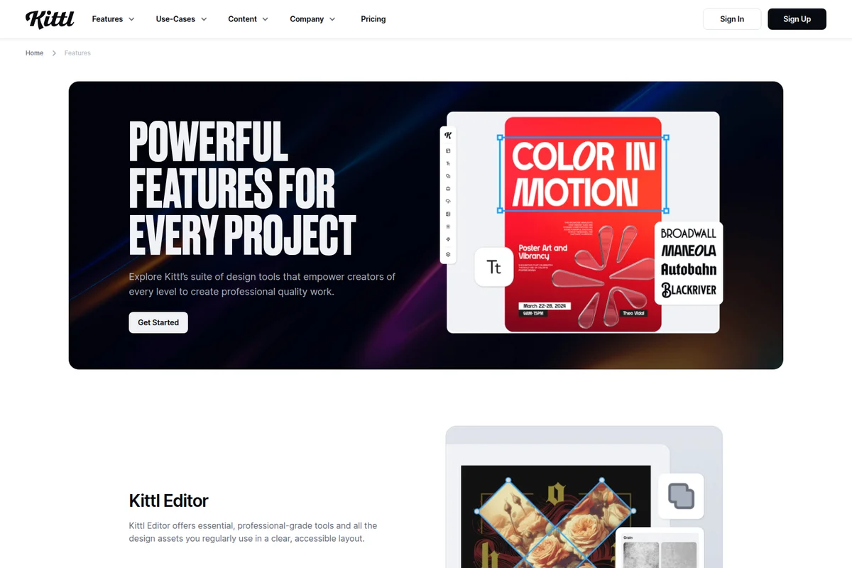 Kittl design editor showcasing active text editing on a 'COLOR IN MOTION' poster with font selection menu and tools.