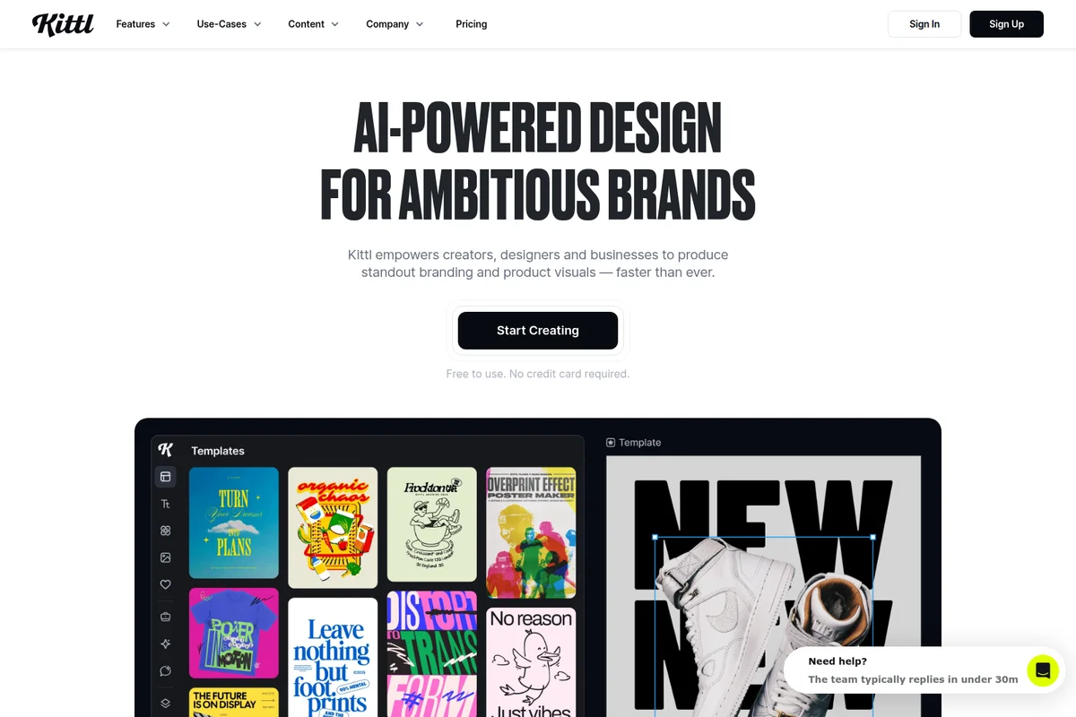 Kittl homepage displaying AI-powered design capabilities with a modern, dark-mode workspace showing templates and a design in progress.
