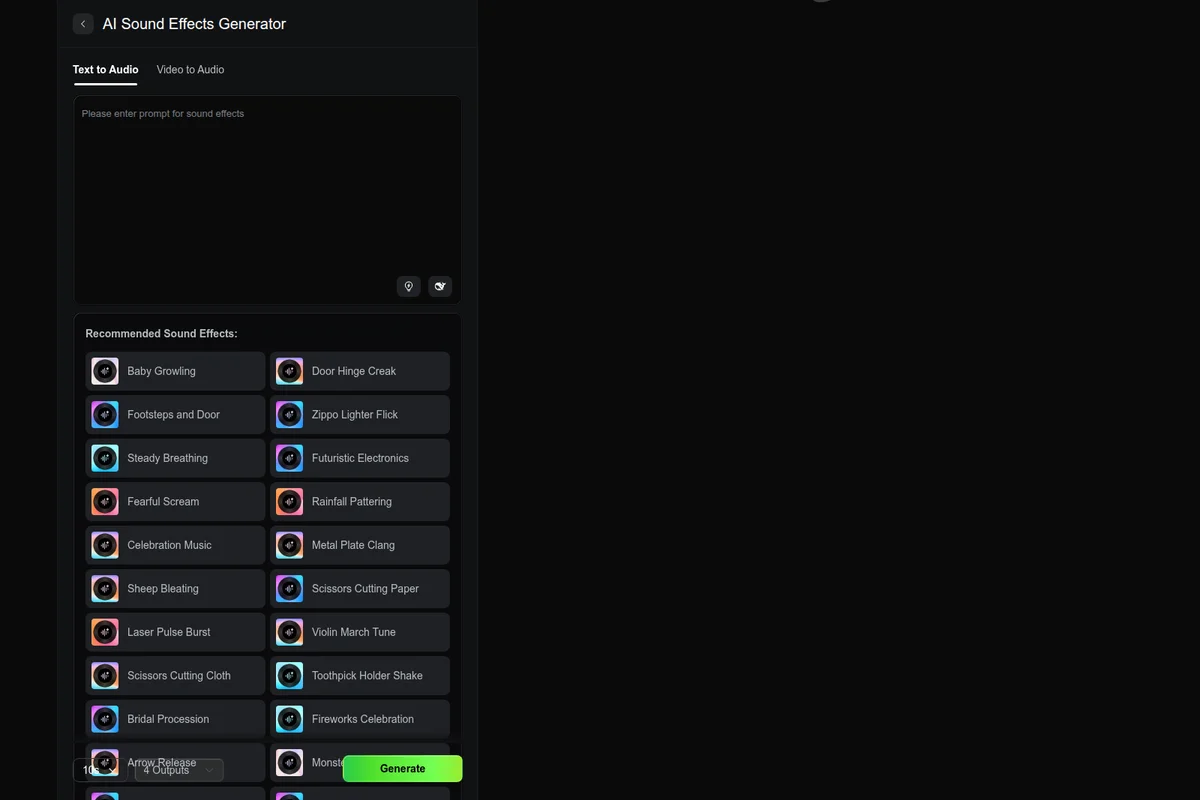 Kling-AI sound effects generator showing text-to-audio input and recommended sounds in a dark-themed interface.