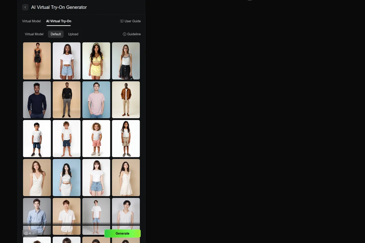 Kling-AI Virtual Try-On Generator showing a grid of diverse virtual models for selection within a dark-themed interface.