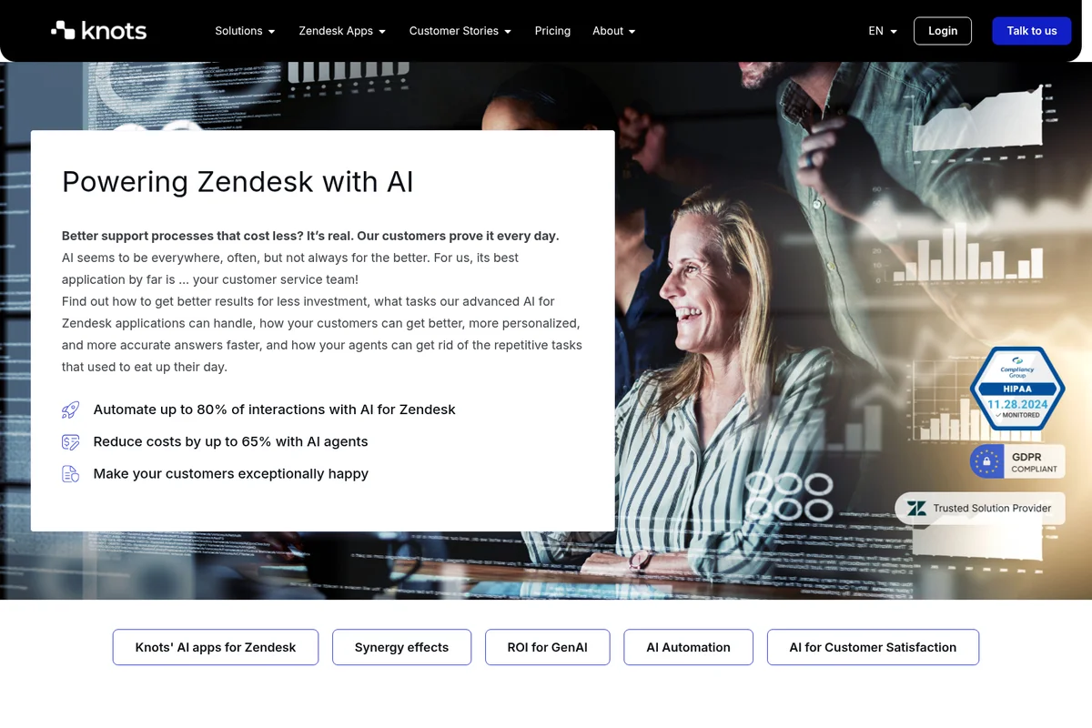 Knots Zendesk AI solution page showing key benefits like automation and cost reduction with a professional, data-rich background.