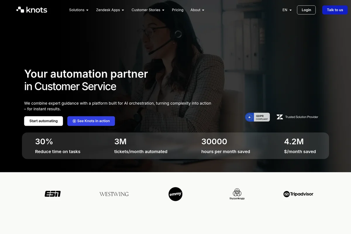 Knots homepage hero section displaying customer service automation value proposition and key impact metrics with a dark-themed interface.