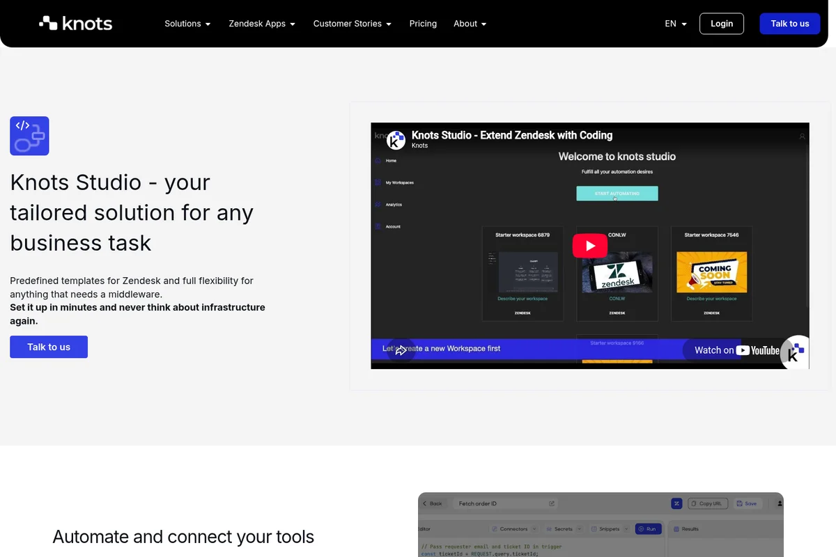 Knots Studio workspace showing a dashboard with starter automation templates for Zendesk in a dark-mode interface.
