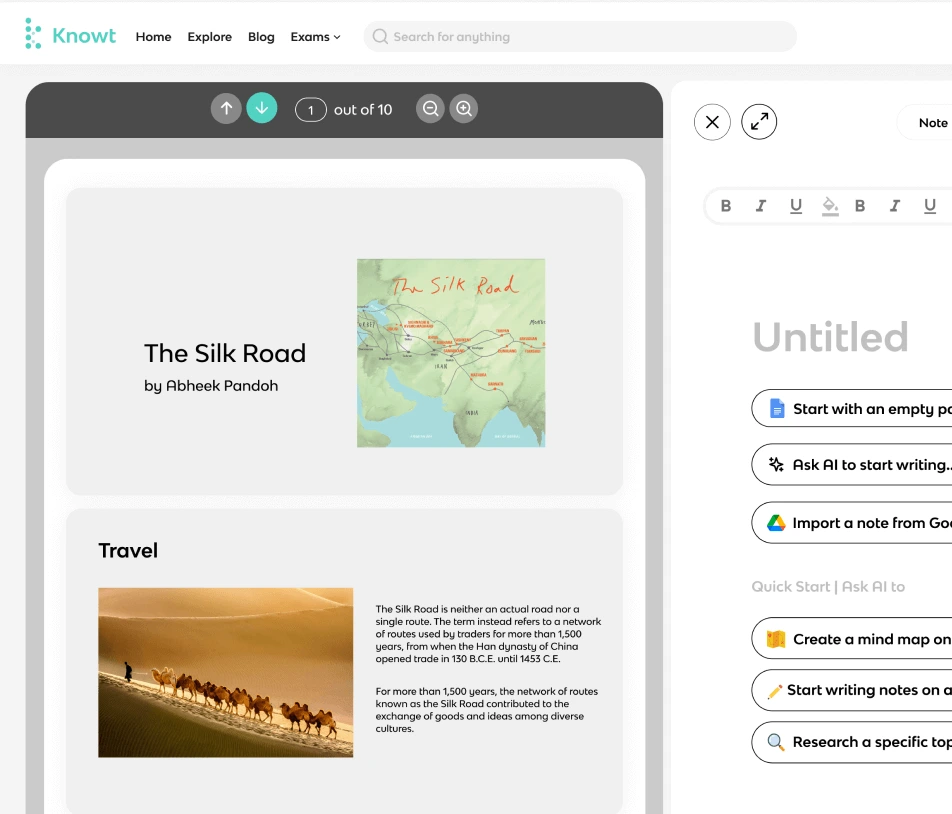 Knowt workspace showing AI-assisted note creation and content organization with a clean interface.
