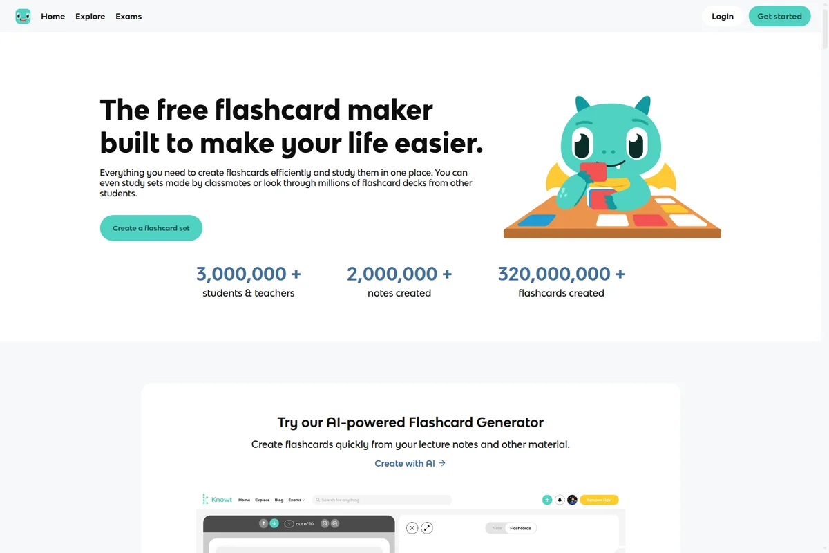 Knowt homepage showcasing a flashcard maker with a cartoon dragon and an AI generator preview on a clean, light-themed interface.