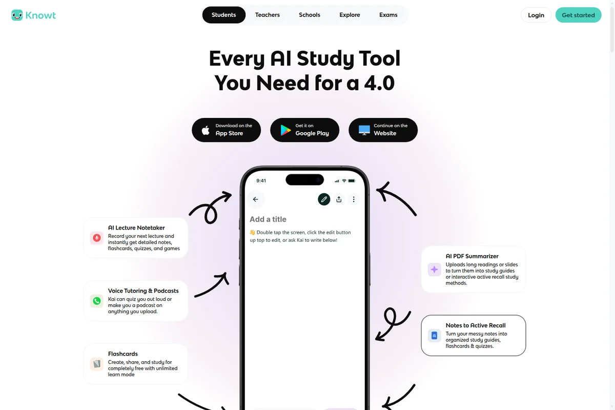 Knowt homepage showcasing AI study tools like notetaker, summarizer, tutoring, and flashcards, with a clean mobile app interface.