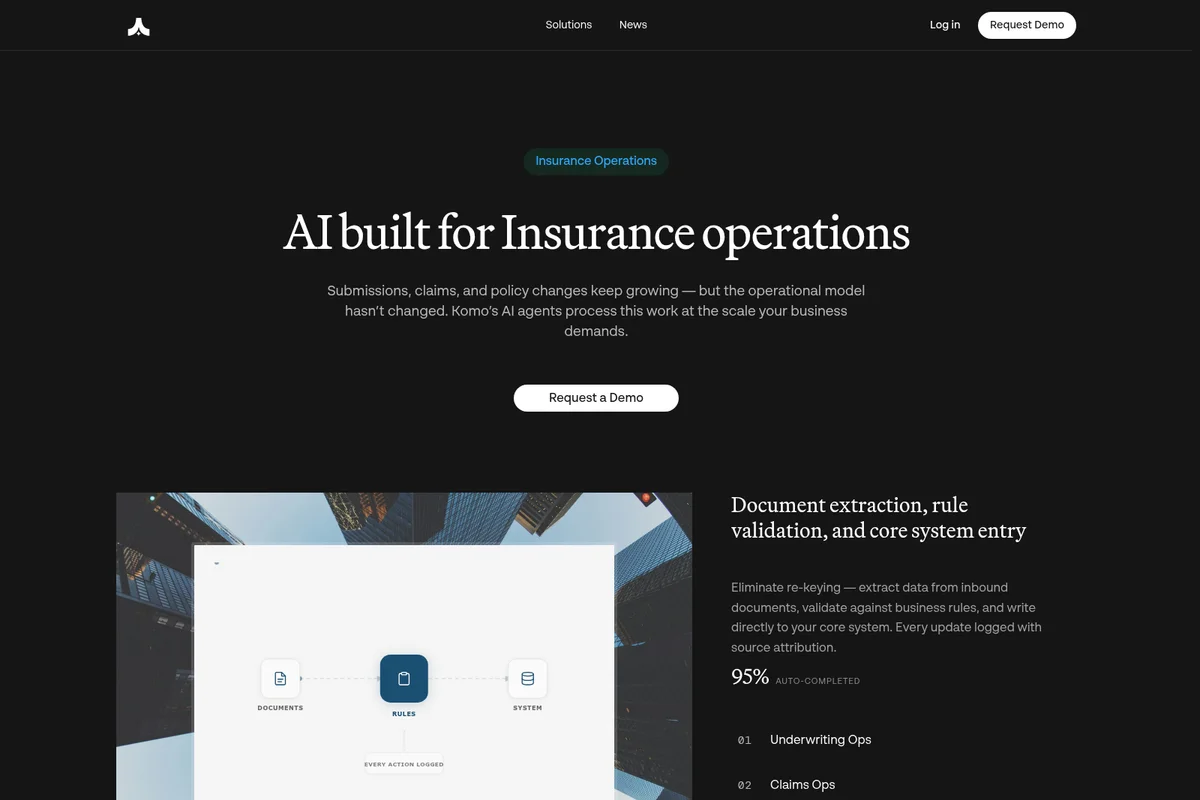 Komo AI insurance page showing the AI-powered document processing workflow for insurance operations with a modern dark theme.