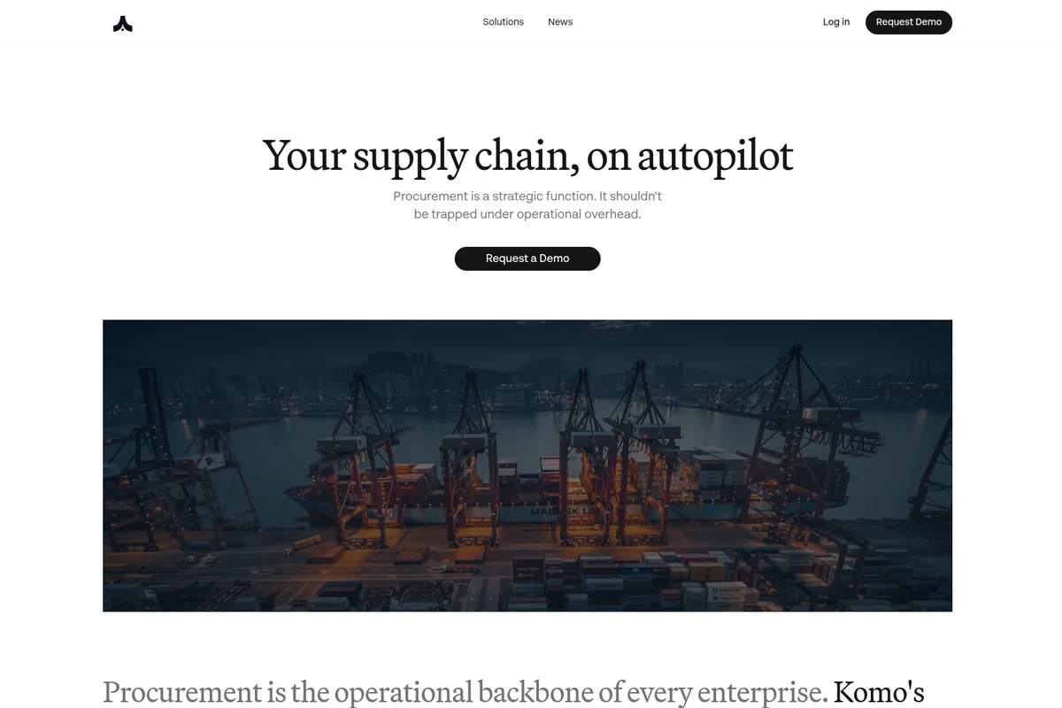 Komo AI landing-hero section showing a global supply chain port at night with a modern minimalist interface.