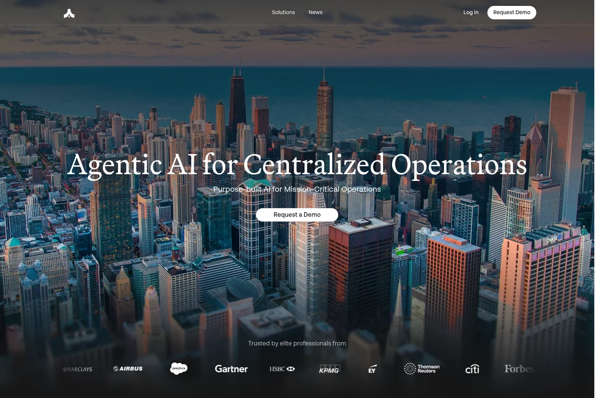 Komo AI homepage hero section featuring an aerial view of a bustling city skyline at dusk with the core value proposition text.