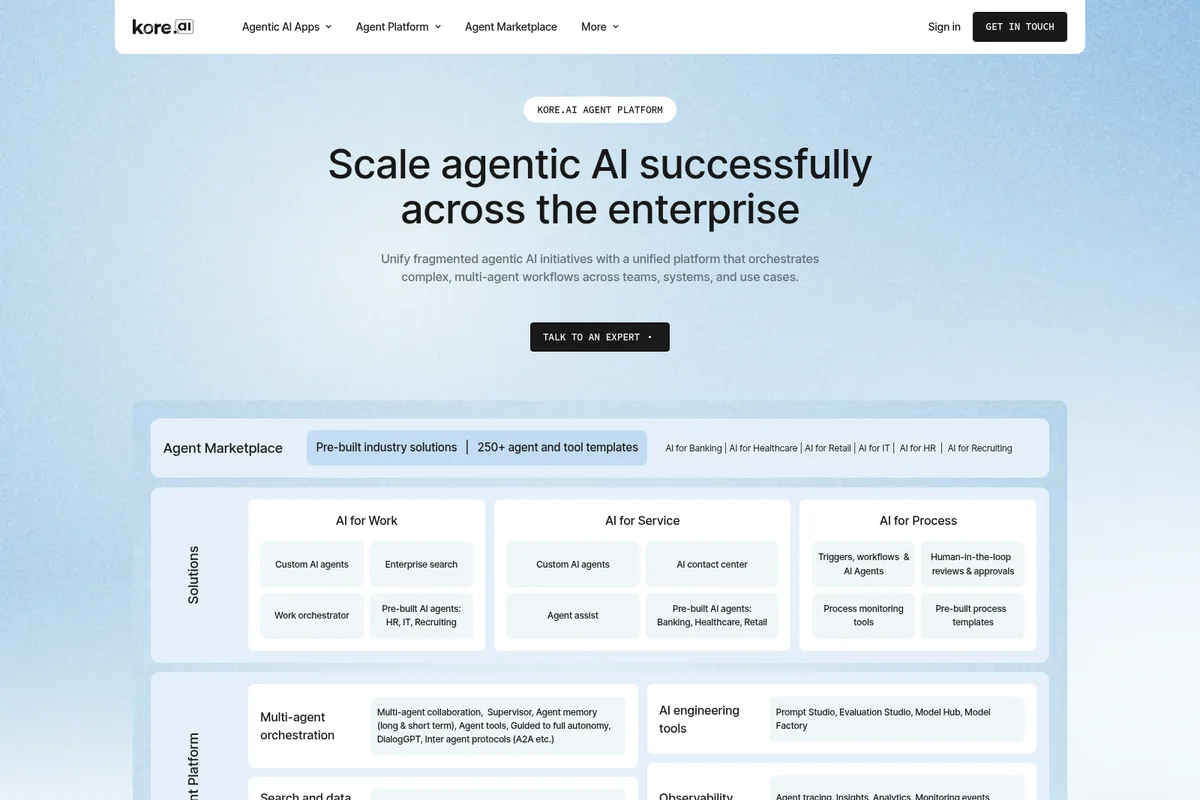 Kore.ai Agent Platform landing page showing enterprise AI scaling solutions and platform capabilities in a modern, light-themed interface.