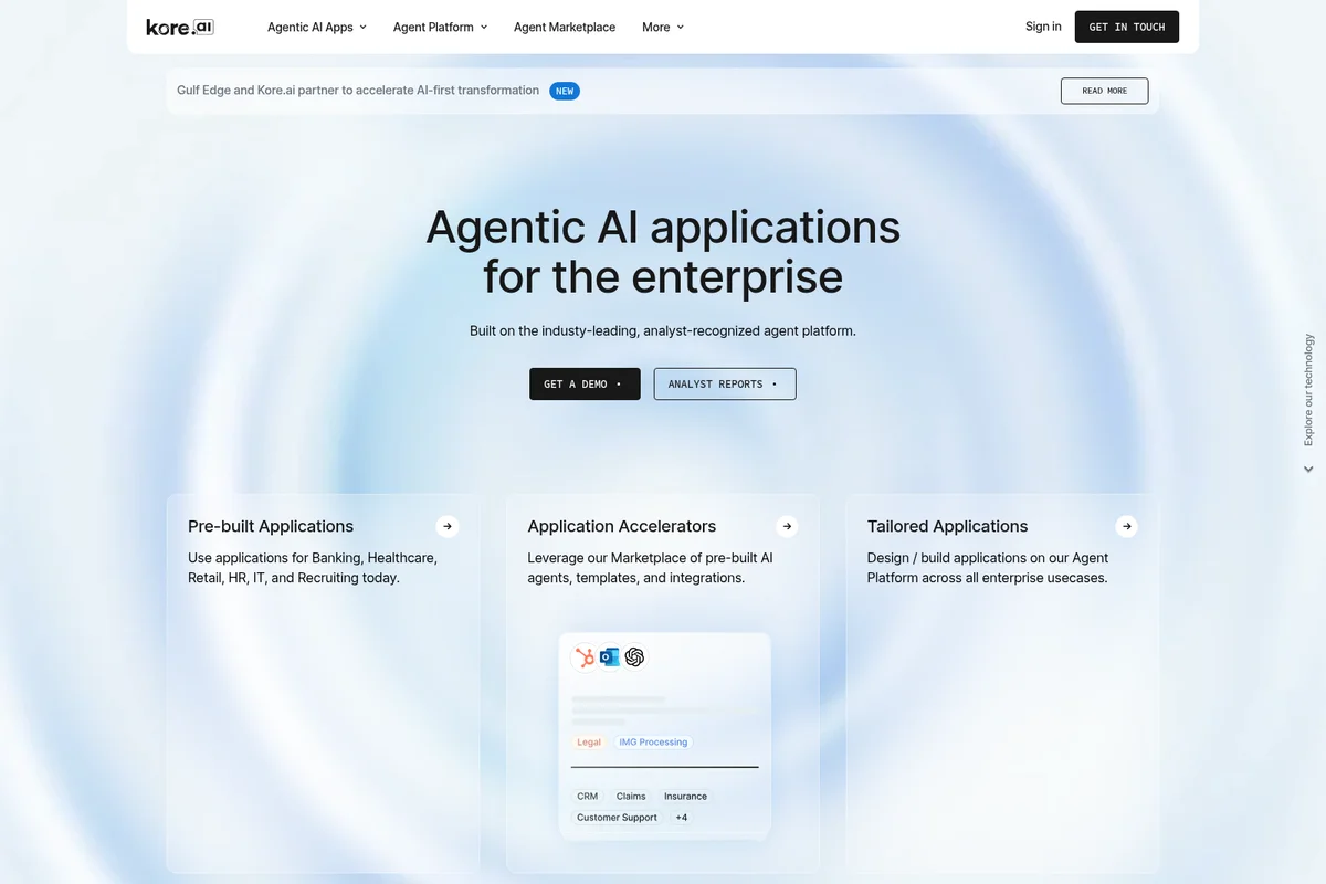 Kore.ai homepage showcasing Agentic AI applications and marketplace offerings with a modern glassmorphism design.