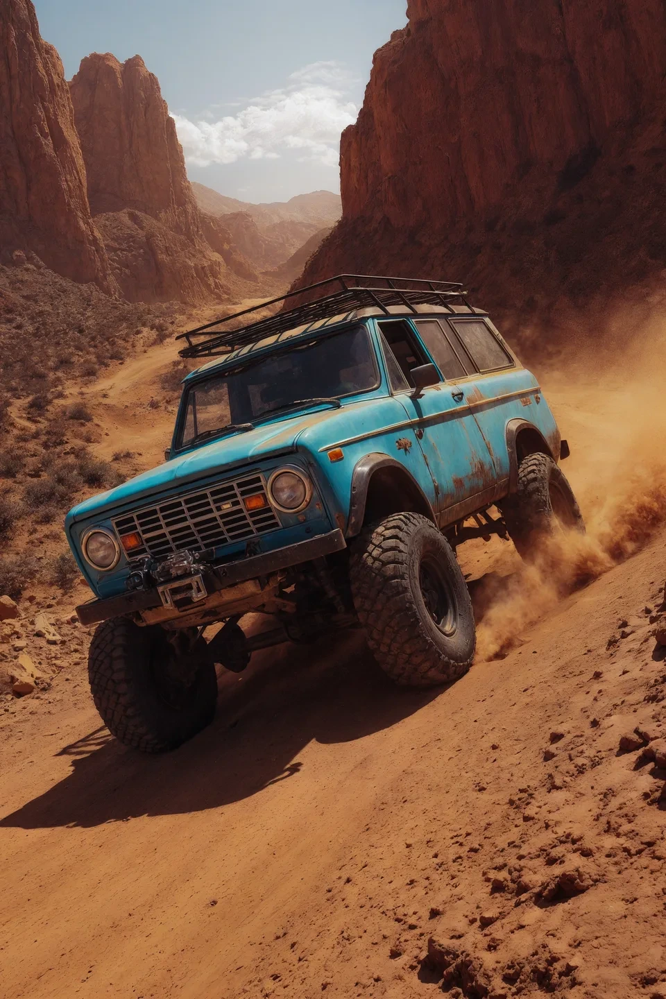 Krea AI-generated image of a rugged blue off-road vehicle driving through a dusty desert canyon with dramatic lighting.