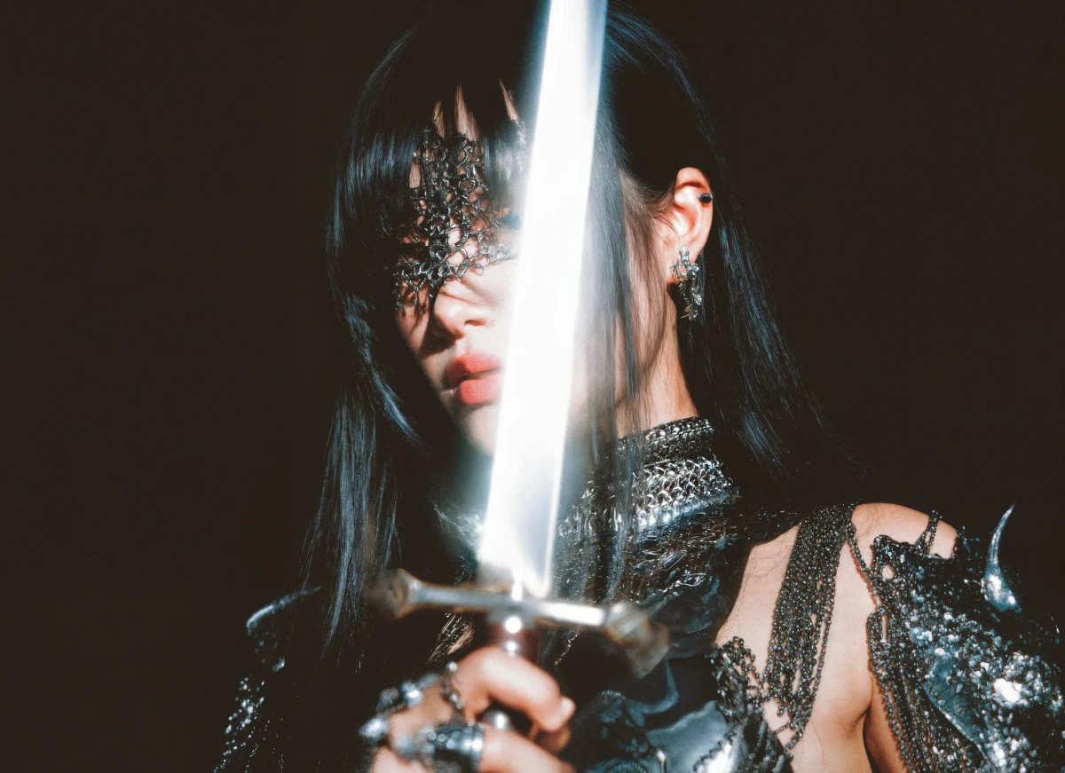 Krea AI generated image showcasing a warrior-like woman with a chainmail mask and a glowing sword in a dark, dramatic setting, highlighting creative output.
