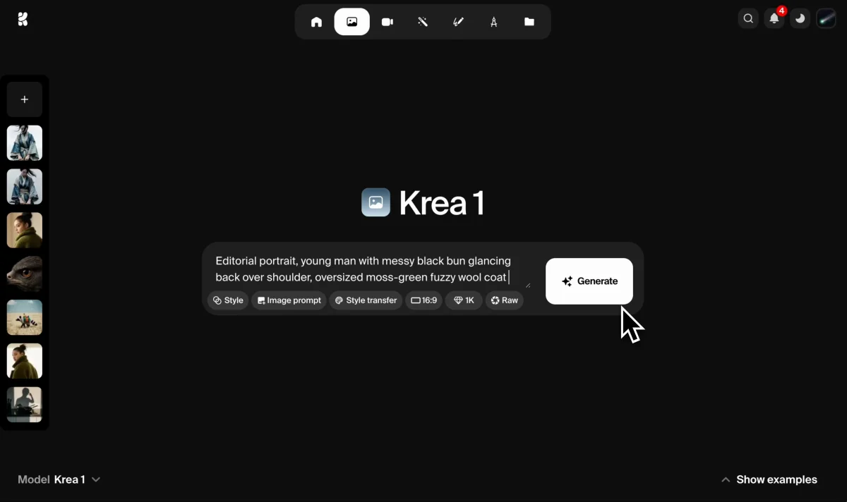 Krea workspace UI showing text-to-image generation with prompt input and settings in a dark-mode sleek aesthetic.