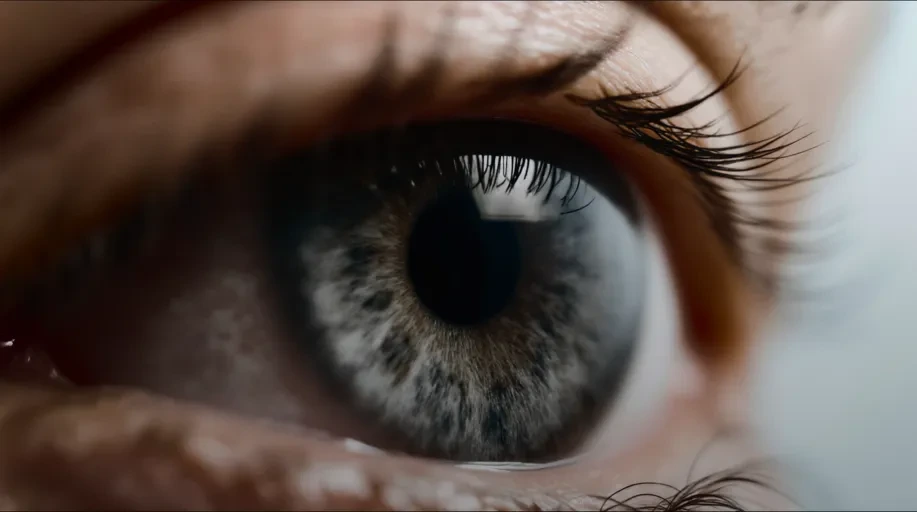 Krea output sample showing a hyper-realistic close-up of a human eye with intricate iris details and long eyelashes.