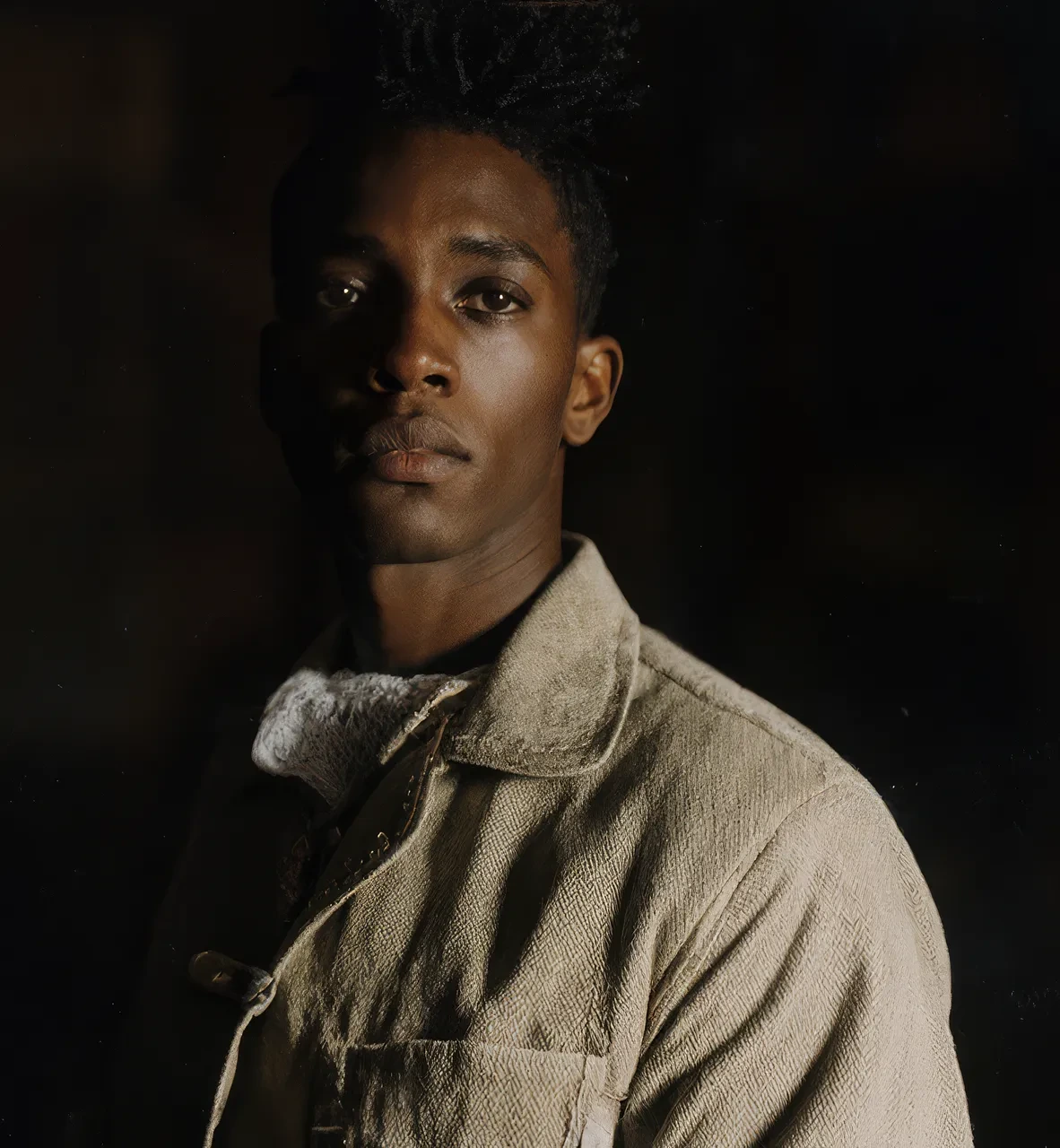 Krea AI output sample showing a photorealistic portrait of a young man with a dark, dramatic background.