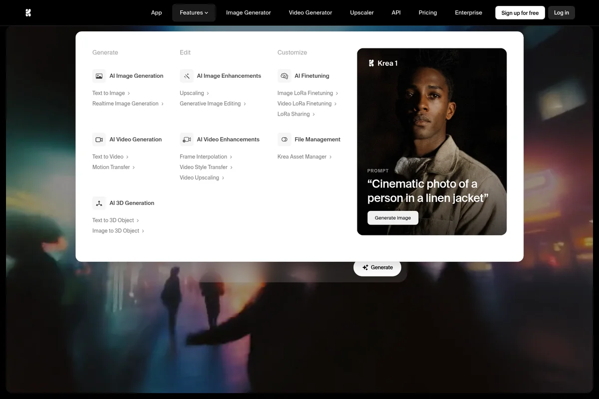 Krea AI platform displaying a feature menu for image, video, and 3D generation alongside an AI-generated portrait output.