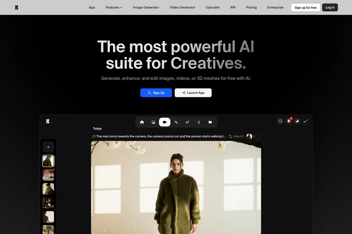 Krea workspace UI showing AI-powered image generation of a person in a green coat with a dark-mode sleek aesthetic.