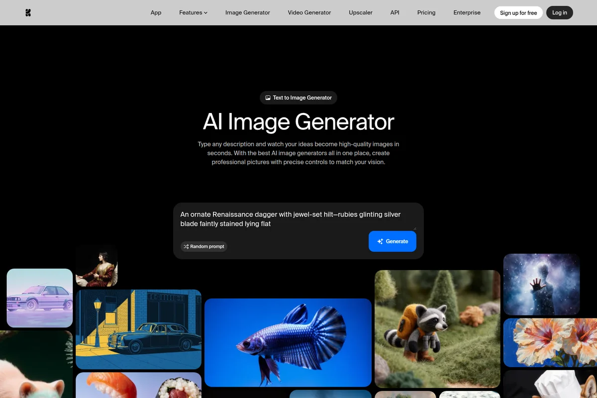 Krea AI image generator workspace showing prompt input for text-to-image generation and a gallery of diverse AI-generated images.
