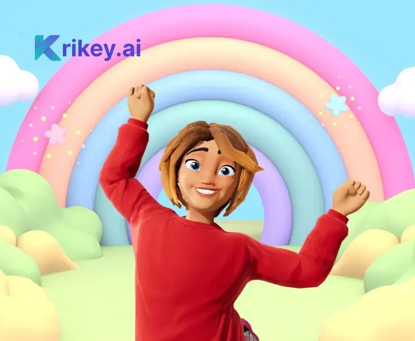 Krikey AI output sample showing a cheerful 3D avatar in a pastel rainbow landscape with a vibrant aesthetic.