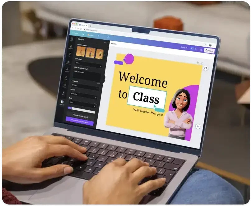 Krikey AI workspace showing interactive presentation editing with an animated avatar, speech controls, and text selection