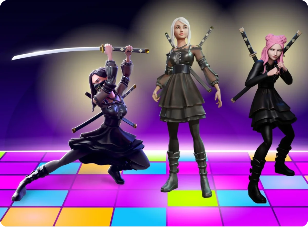 Krikey AI character output featuring three female models with katanas in dynamic poses on a vibrant disco floor.