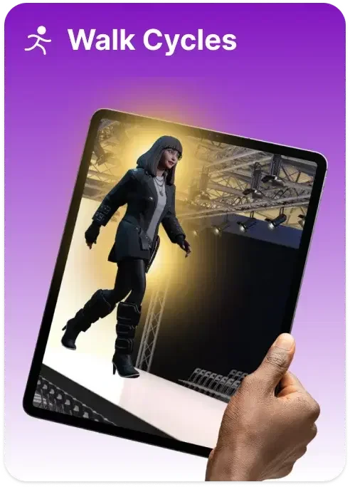 Krikey AI showing a 3D character performing a walk cycle on a virtual catwalk, displayed on a tablet with the 'Walk Cycles' feature title.