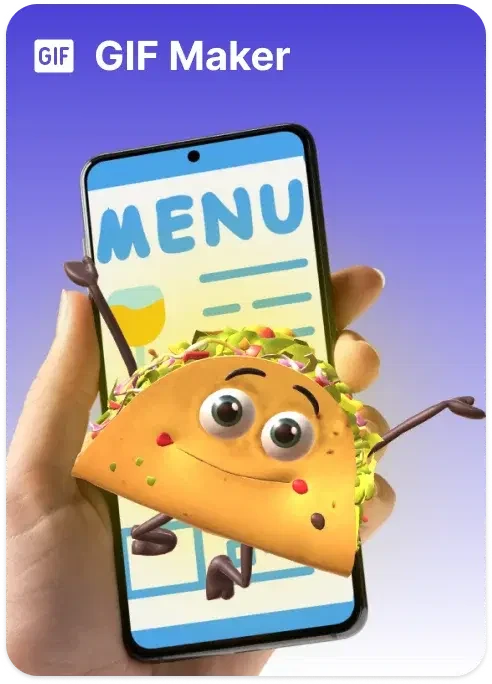 GIF Maker mobile app output sample showing a playful animated taco character emerging from a smartphone screen with a menu.