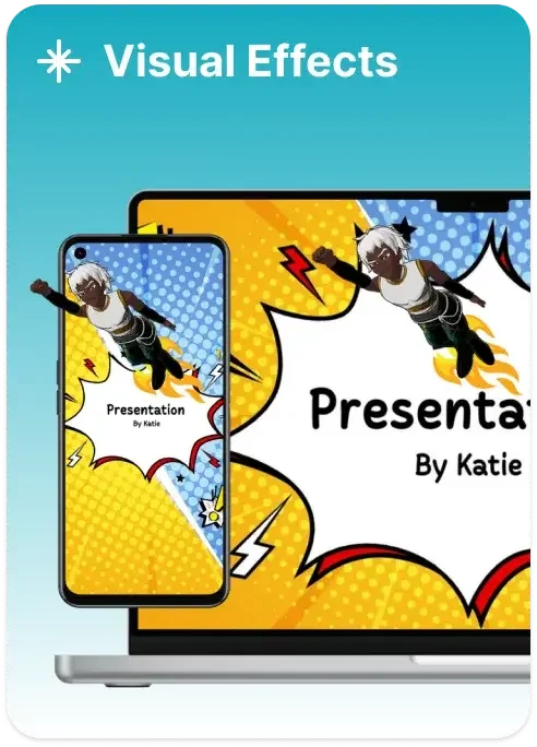 Krikey AI feature deep dive showing visual effects in a comic book style presentation on mobile and laptop screens.