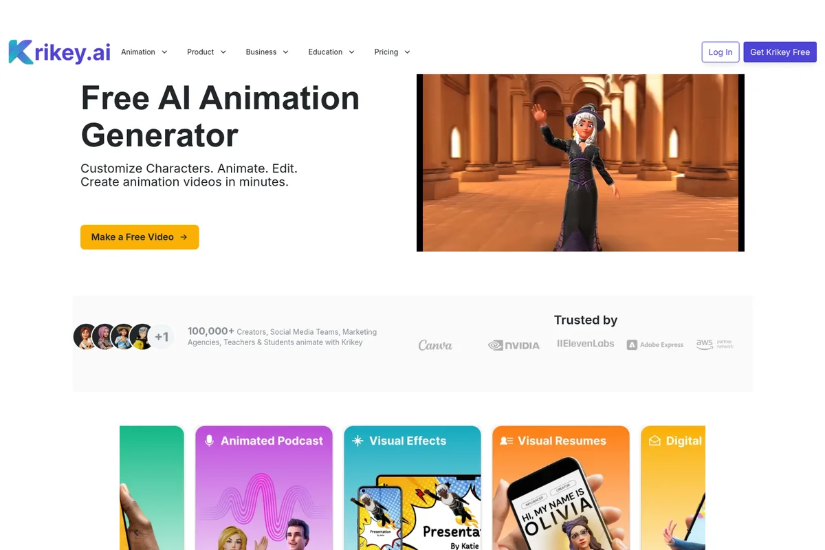 Krikey AI landing page hero section displaying an animated witch character in a 3D architectural setting, promoting AI animation generation.