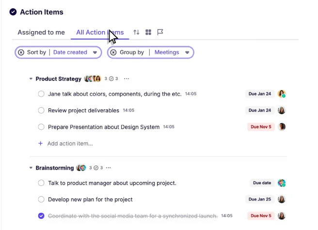 Krisp workspace showing 'All Action Items' view with tasks grouped by 'Meetings' and sorted by 'Date created', presented in a clean light-mode UI.