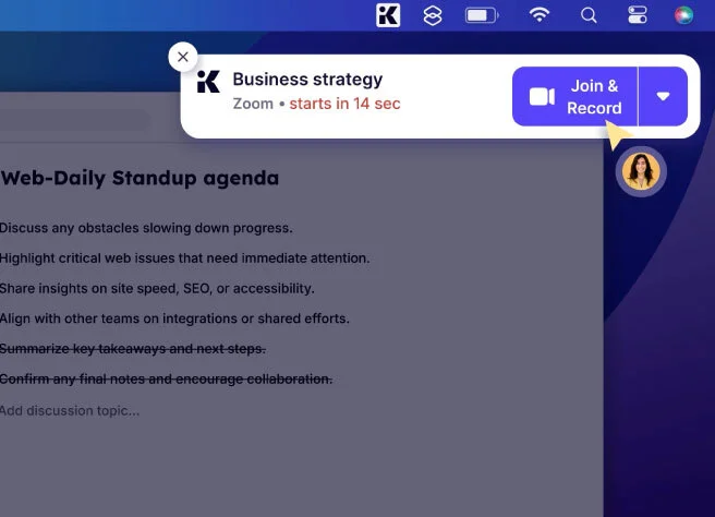 Krisp feature deep-dive showing a Zoom meeting notification with a 'Join & Record' button highlighted by a cursor, integrated into a dark-themed desktop environment.
