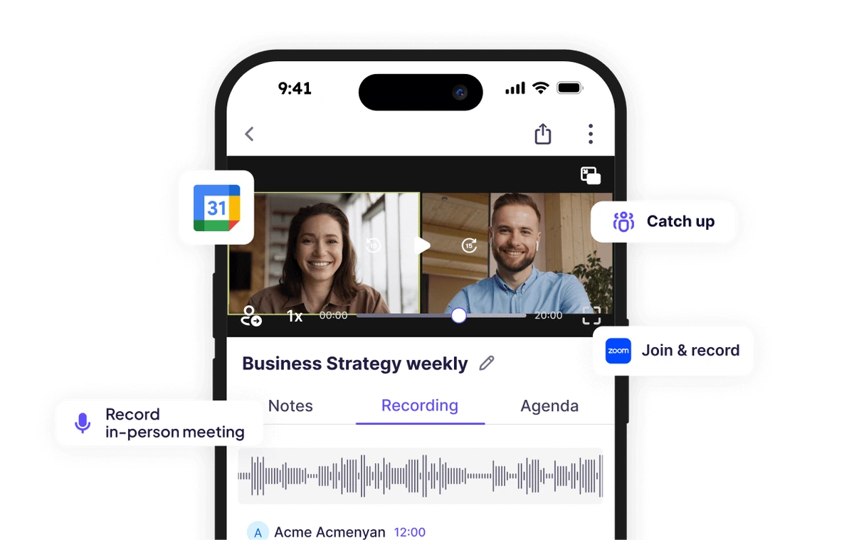 Krisp mobile meeting UI showing a live video call being recorded, with audio waveform, meeting notes, and Zoom integration.