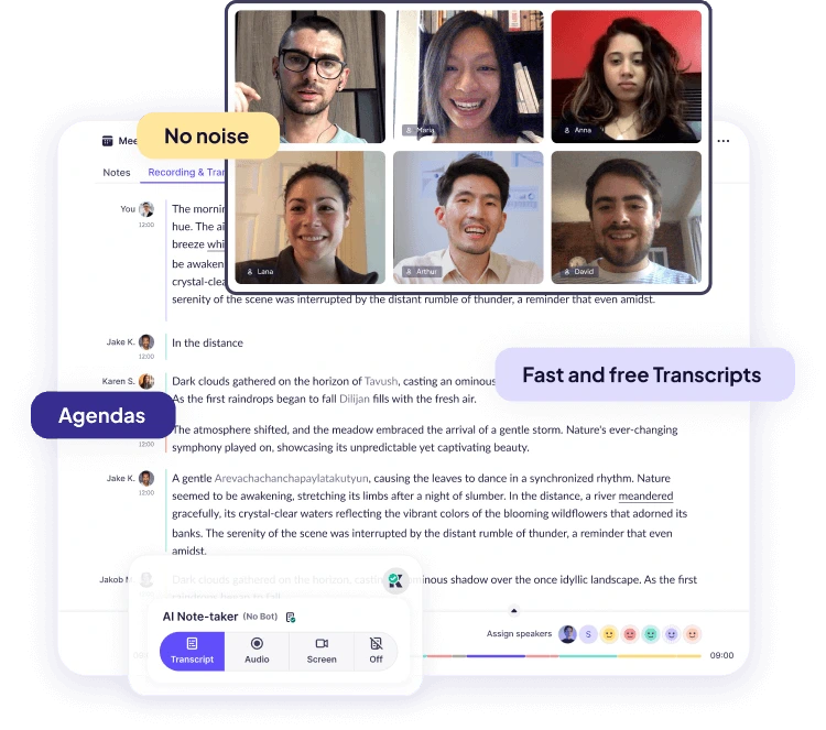 Krisp meeting transcription workspace showing live transcripts, video feeds, and AI note-taker controls in a clean light-themed interface.