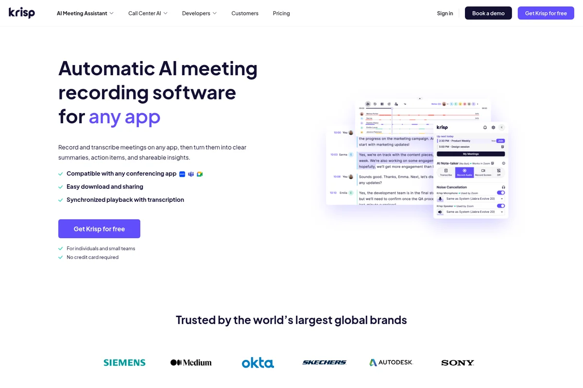 Krisp landing page showcasing AI meeting recording and transcription software, with product UI demonstrating meeting notes and noise cancellation settings.