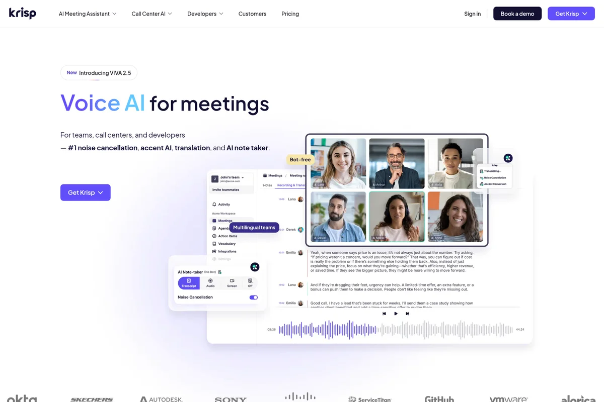 Krisp AI Meeting Assistant showing real-time transcription, noise cancellation, and AI note-taking during a video call with a modern, layered interface.