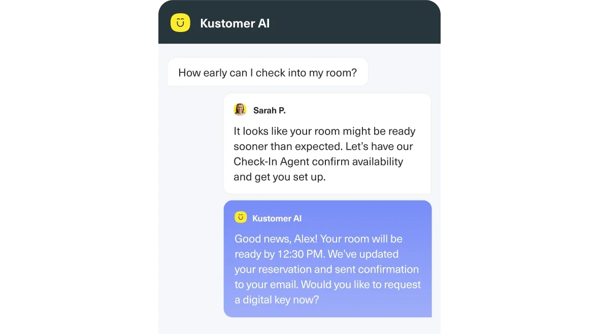 Kustomer AI workspace showing a customer's early check-in request successfully resolved by AI with a clean chat interface.